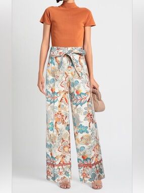 Etro Cream Floral-Paisley Wide-Leg Tie-Waist Pants with Teal and Orange Accents